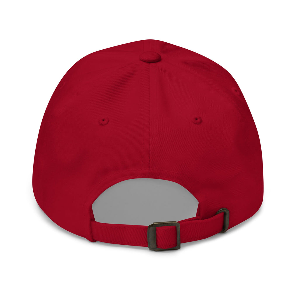 Red dad hat with adjustable back strap and ventilation eyelets