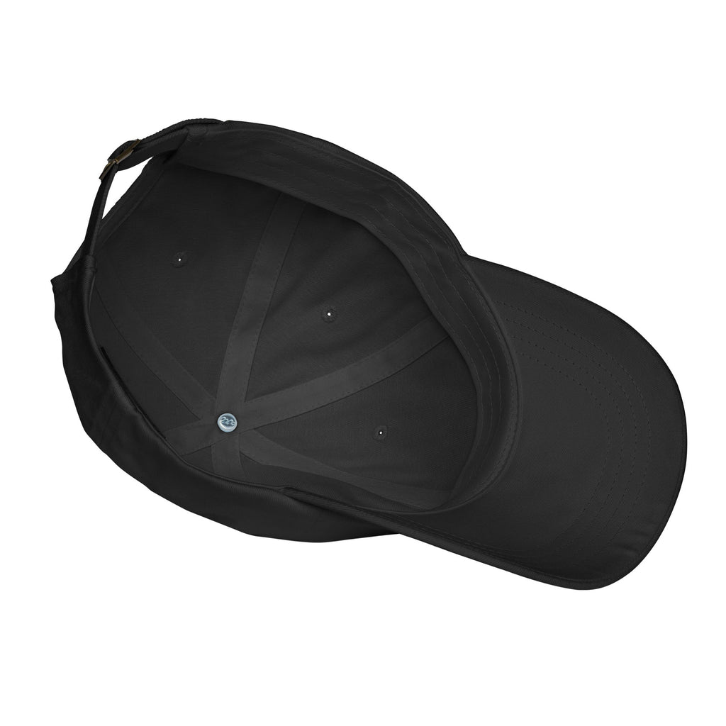 Black dad hat with curved brim and visible inner panel seams
