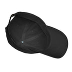 Black dad hat with curved brim and visible inner panel seams