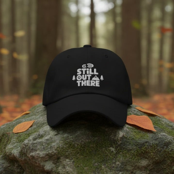 Black embroidered dad hat with front logo and curved brim, adjustable cotton cap
