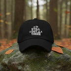 Black embroidered dad hat with front logo and curved brim, adjustable cotton cap