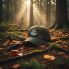 Green camo embroidered dad hat resting on leaves, adjustable cotton cap