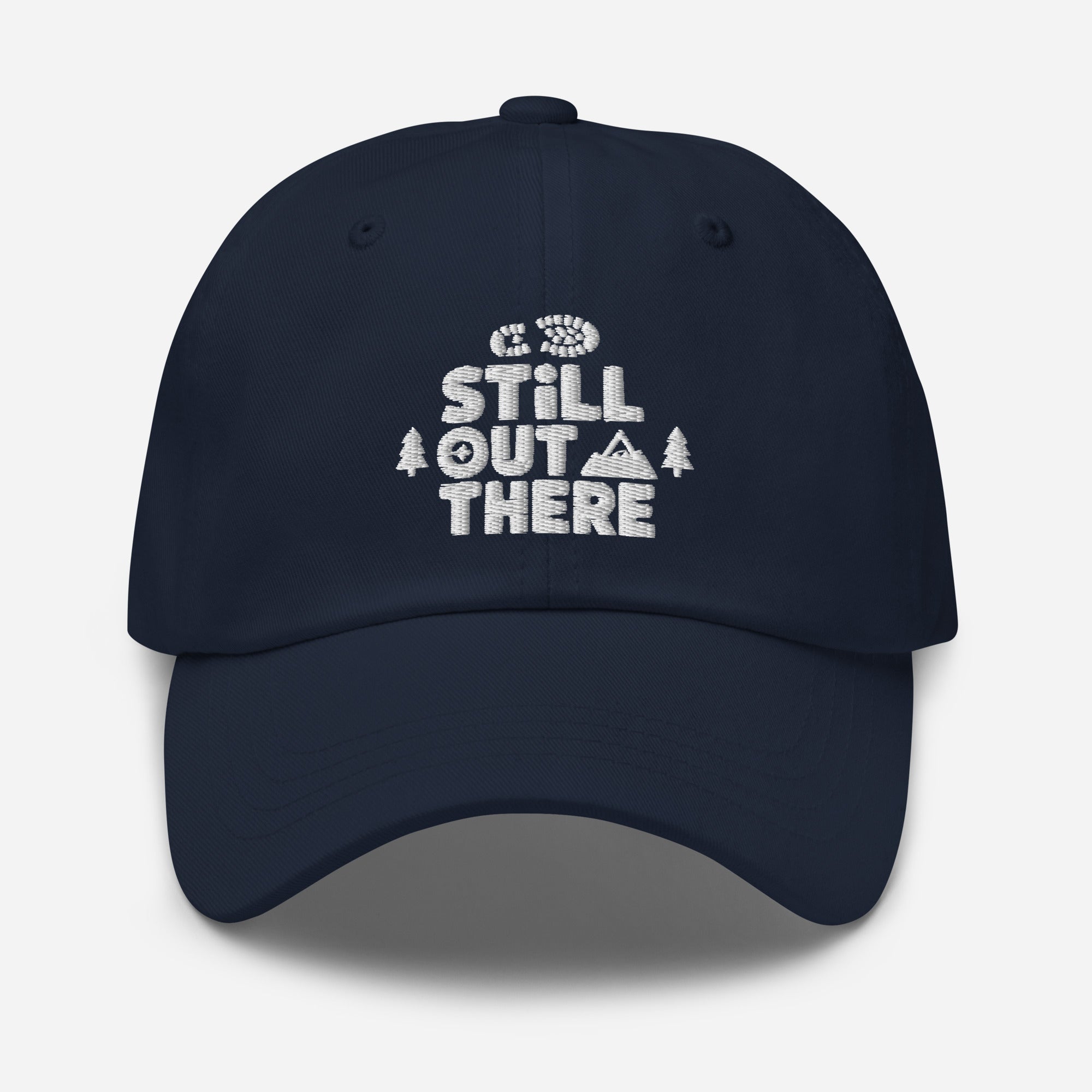 Navy embroidered adjustable dad hat with front stitched logo and curved brim