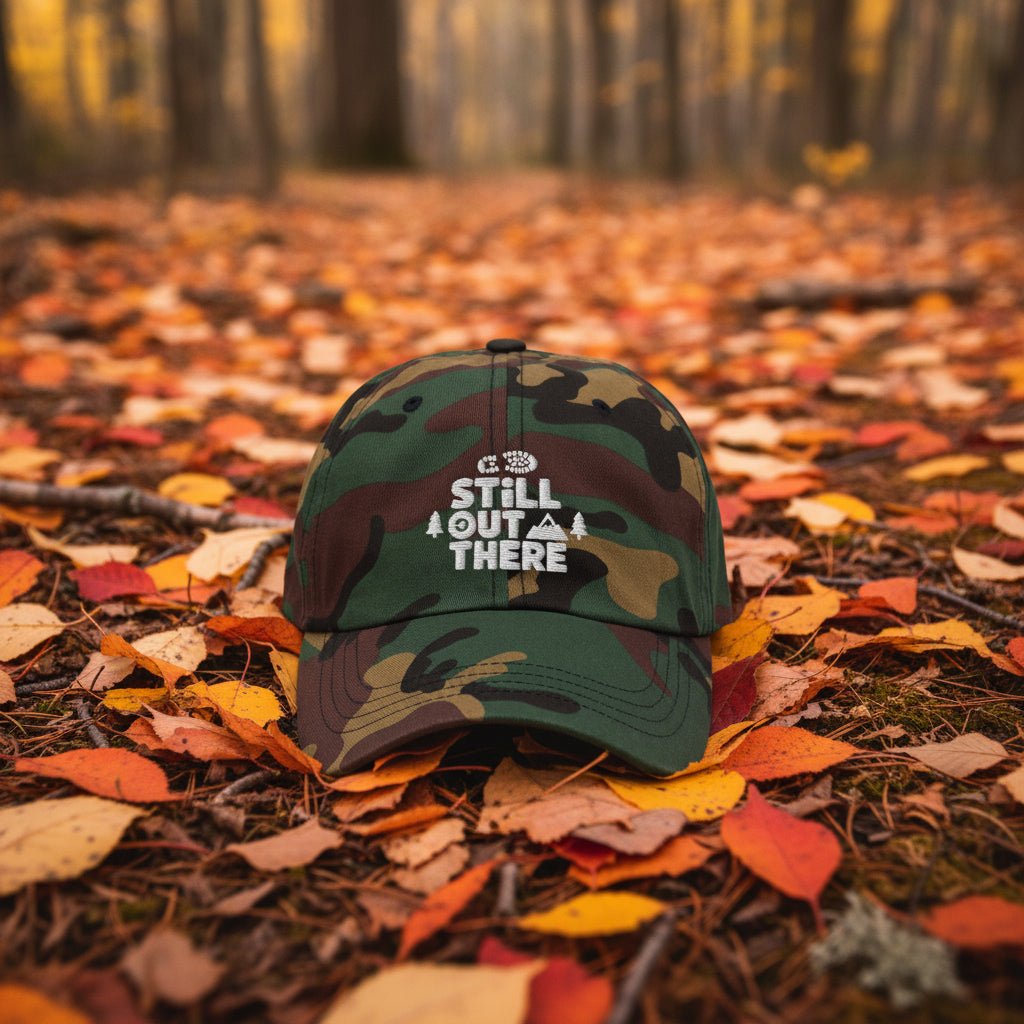 Green camo embroidered dad hat with front logo and curved brim, adjustable cotton cap