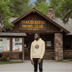 Cream mountain hoodie with hood, front pocket, and circular chest logo patch