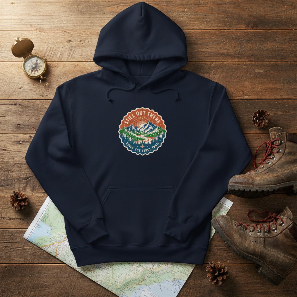 Navy vintage mountain hoodie with chest logo patch, kangaroo pocket, drawstring hood.