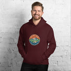 Maroon vintage-style mountain hoodie with hood, front pocket, and front logo patch
