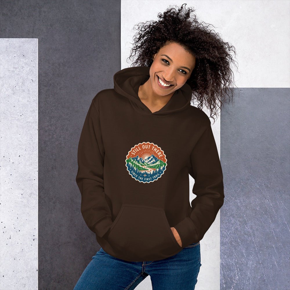 Dark brown vintage mountain hoodie with hood, front pocket, and circular chest logo