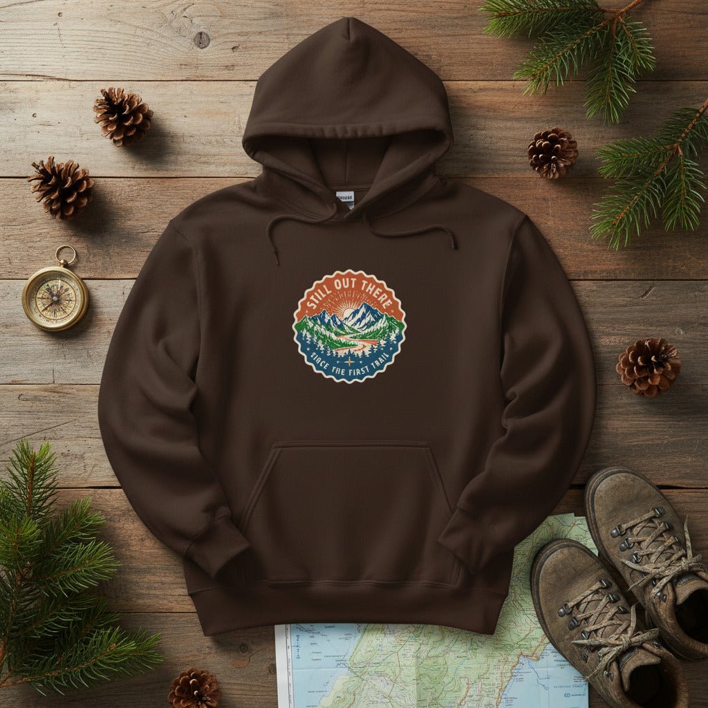 Dark chocolate vintage mountain hoodie with front logo patch, kangaroo pocket, drawstring hood.