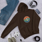 Dark brown hoodie with hood and front pocket, circular chest logo patch