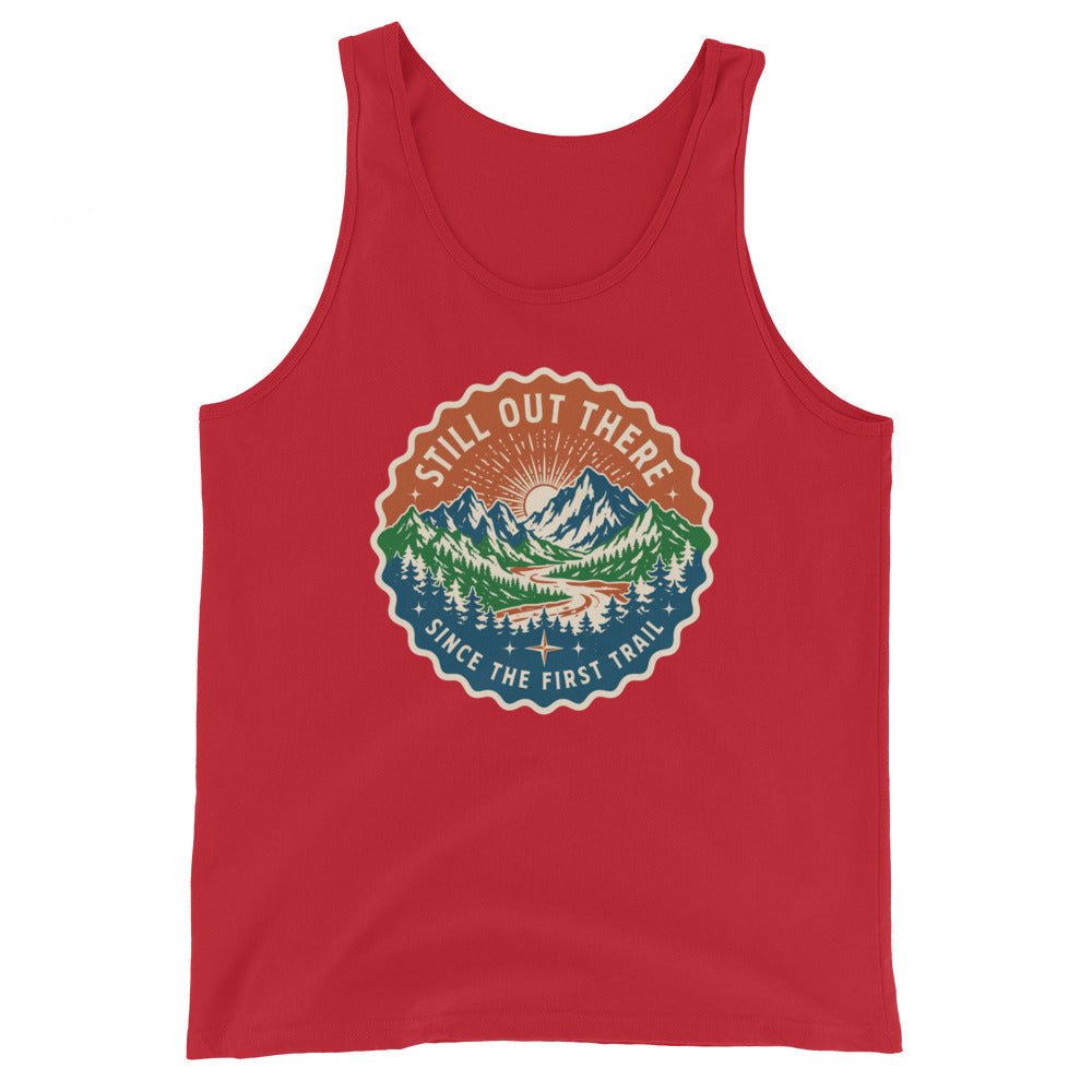 Red mountain graphic tank top with round chest badge, scoop neck