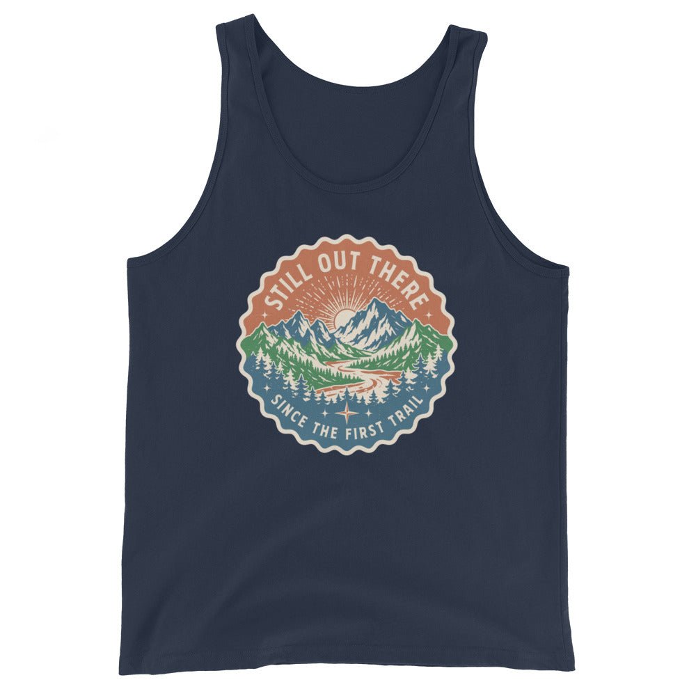 Navy mountain graphic tank top with round chest badge, scoop neck