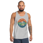 Gray scoop-neck graphic mountain tank top with vintage-style badge logo