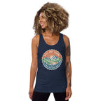 Navy scoop-neck graphic mountain tank top with vintage-style badge logo