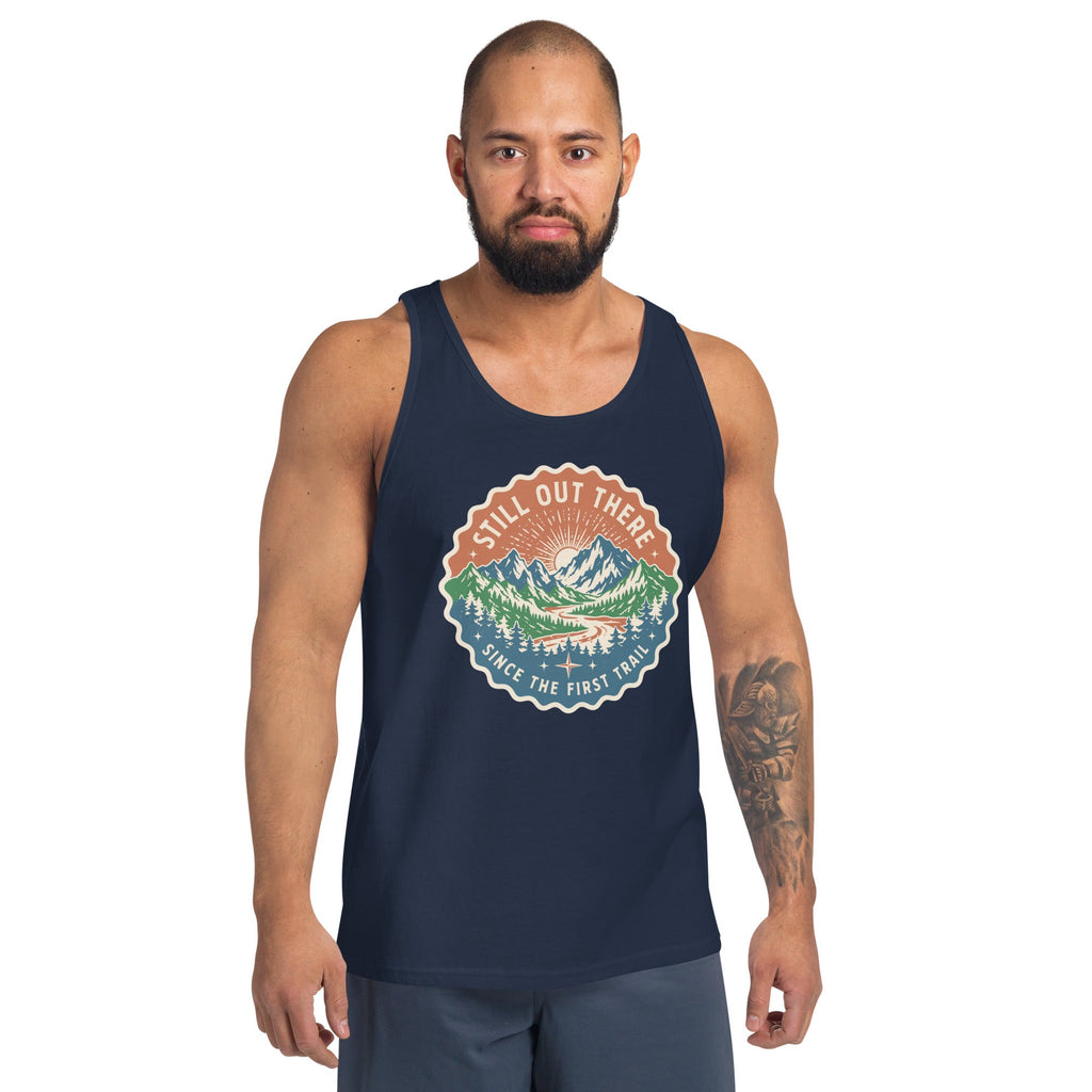 Navy scoop-neck graphic mountain tank top with vintage-style badge logo