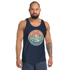 Navy scoop-neck graphic mountain tank top with vintage-style badge logo