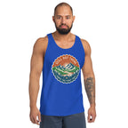 Blue scoop-neck graphic mountain tank top with vintage-style badge logo