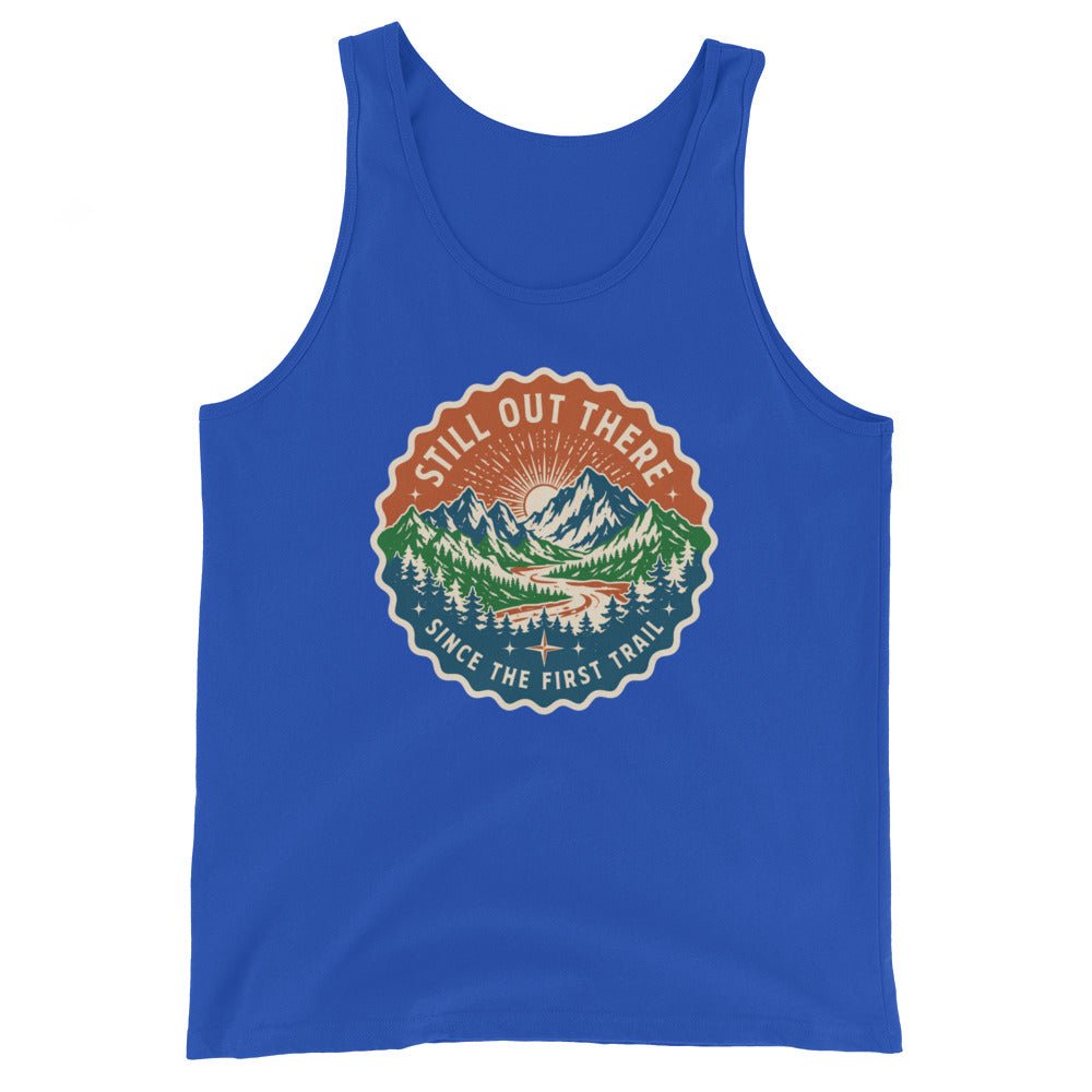 True royal blue mountain graphic tank top with round chest badge, scoop neck