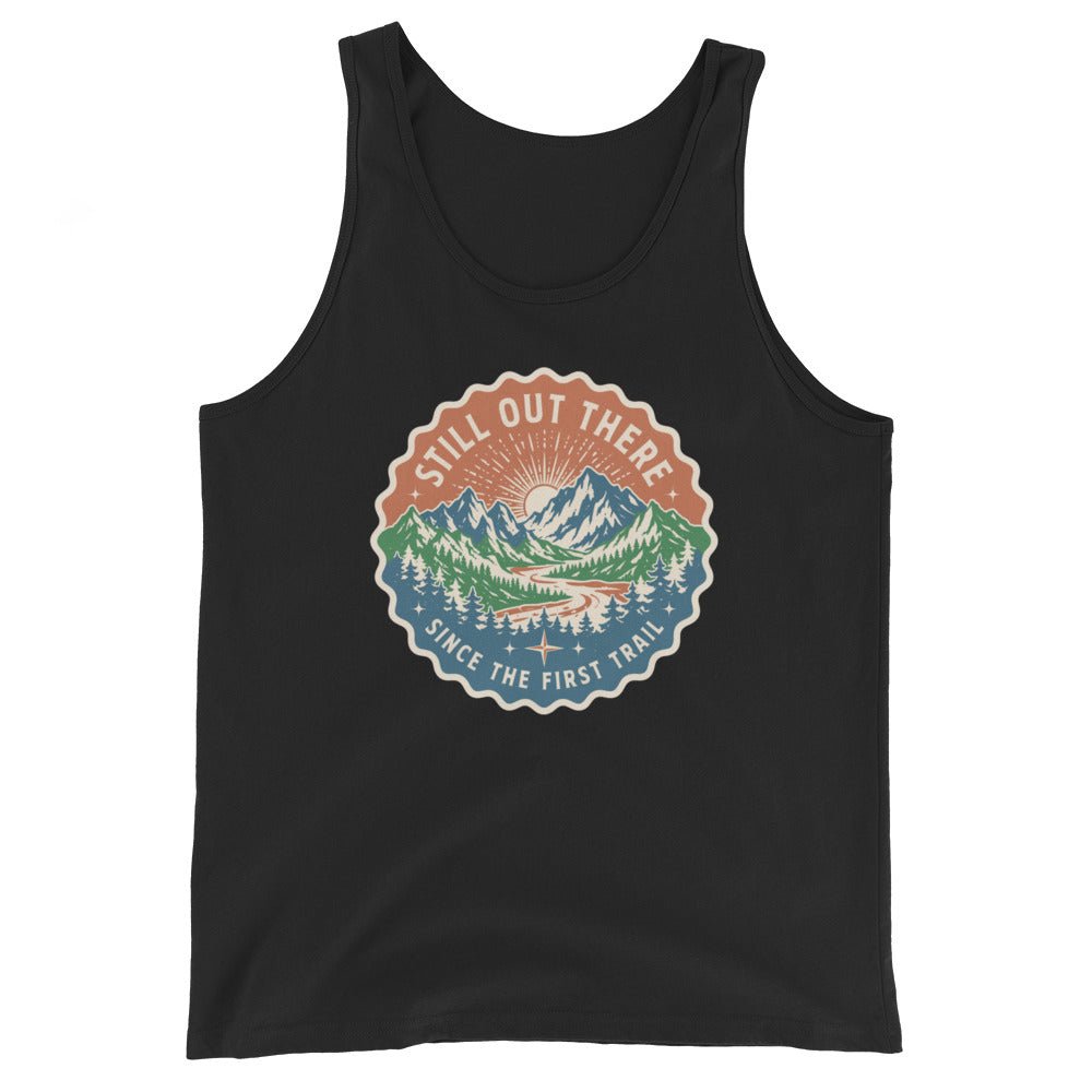 Black sleeveless scoop-neck graphic mountain tank top with vintage badge print