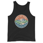 Black sleeveless scoop-neck graphic mountain tank top with vintage badge print