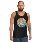 Black scoop-neck graphic mountain tank top with vintage-style badge logo