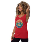 Red scoop-neck graphic mountain tank top with vintage-style badge logo