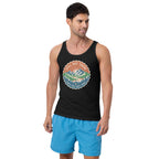 Black scoop-neck graphic mountain tank top, printed vintage-style badge front