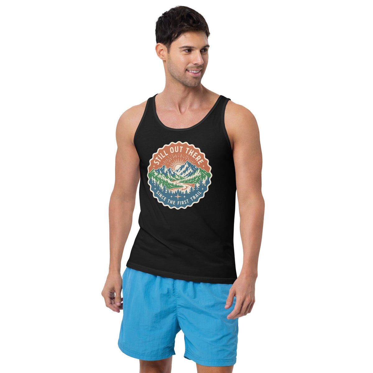 Black scoop-neck graphic mountain tank top, printed vintage-style badge front