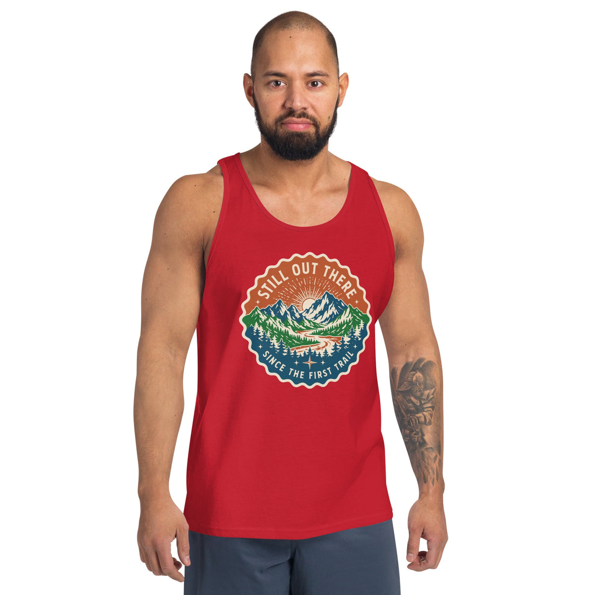 Red scoop-neck graphic mountain tank top with vintage-style badge logo