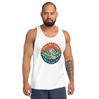 White scoop-neck graphic mountain tank top with vintage-style badge logo