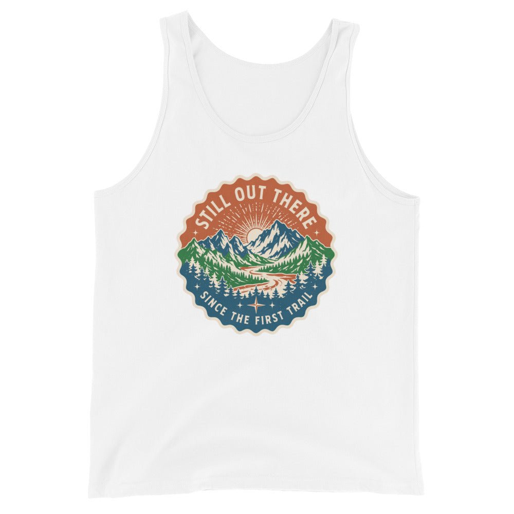 White mountain graphic tank top with round chest badge, scoop neck