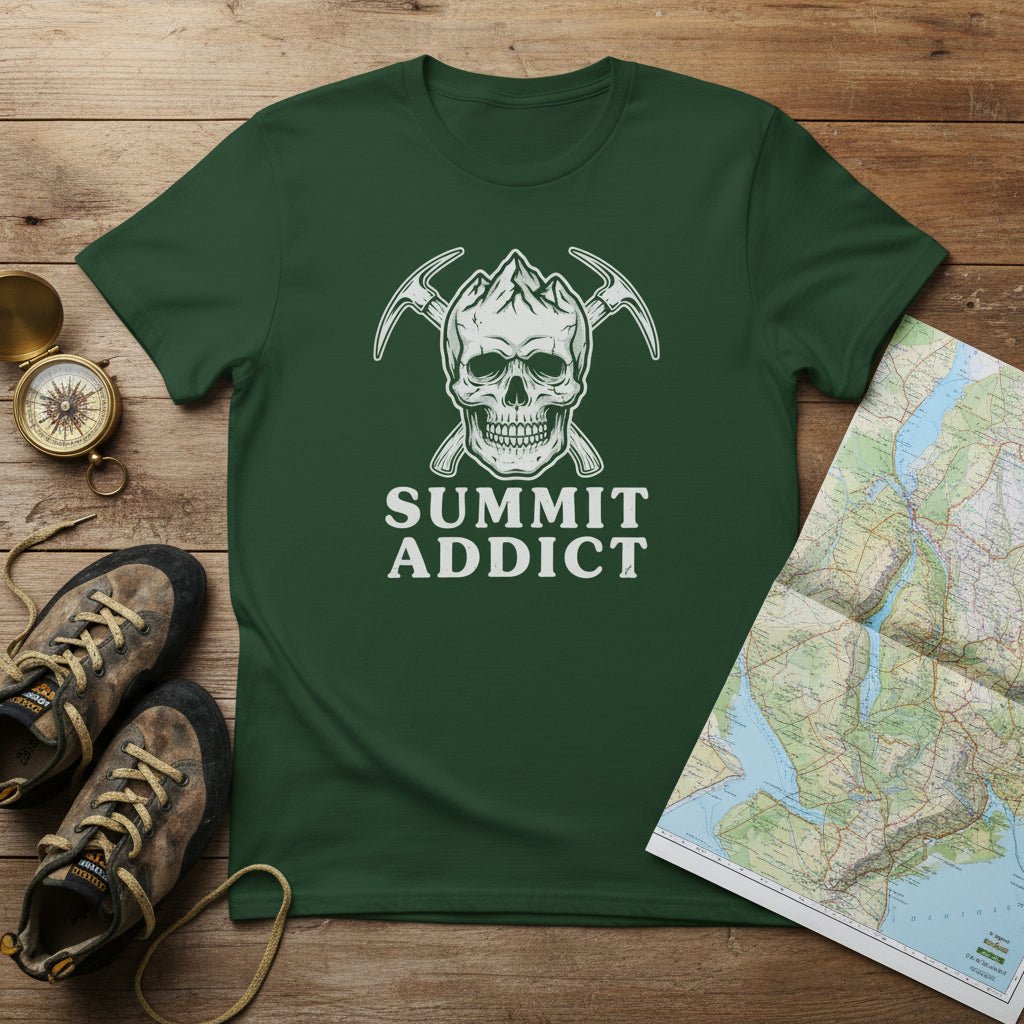 Forest green hiking t-shirt with white skull graphic and “SUMMIT ADDICT” text front