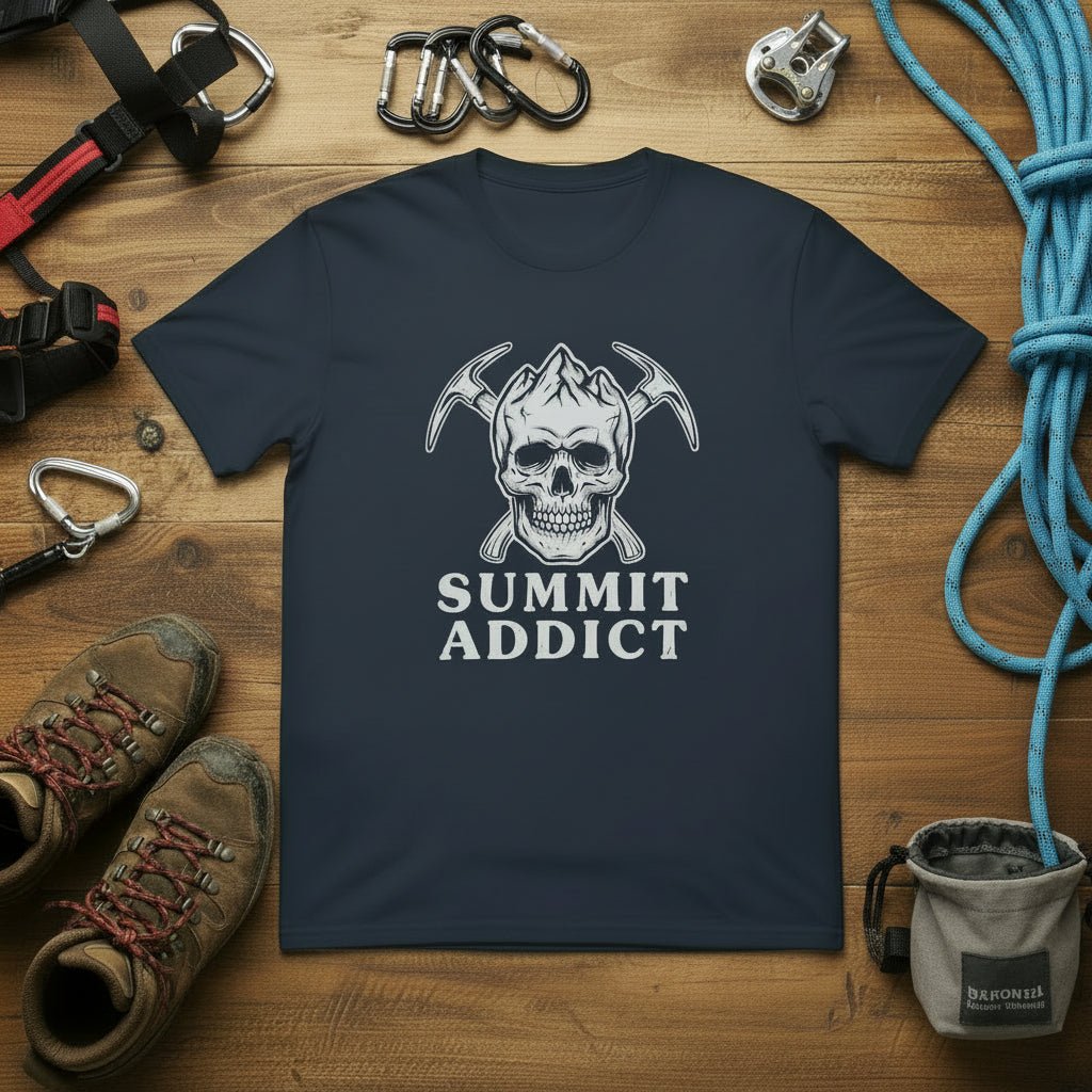 Navy crew-neck hiking t-shirt with skull graphic and 'Summit Addict' print