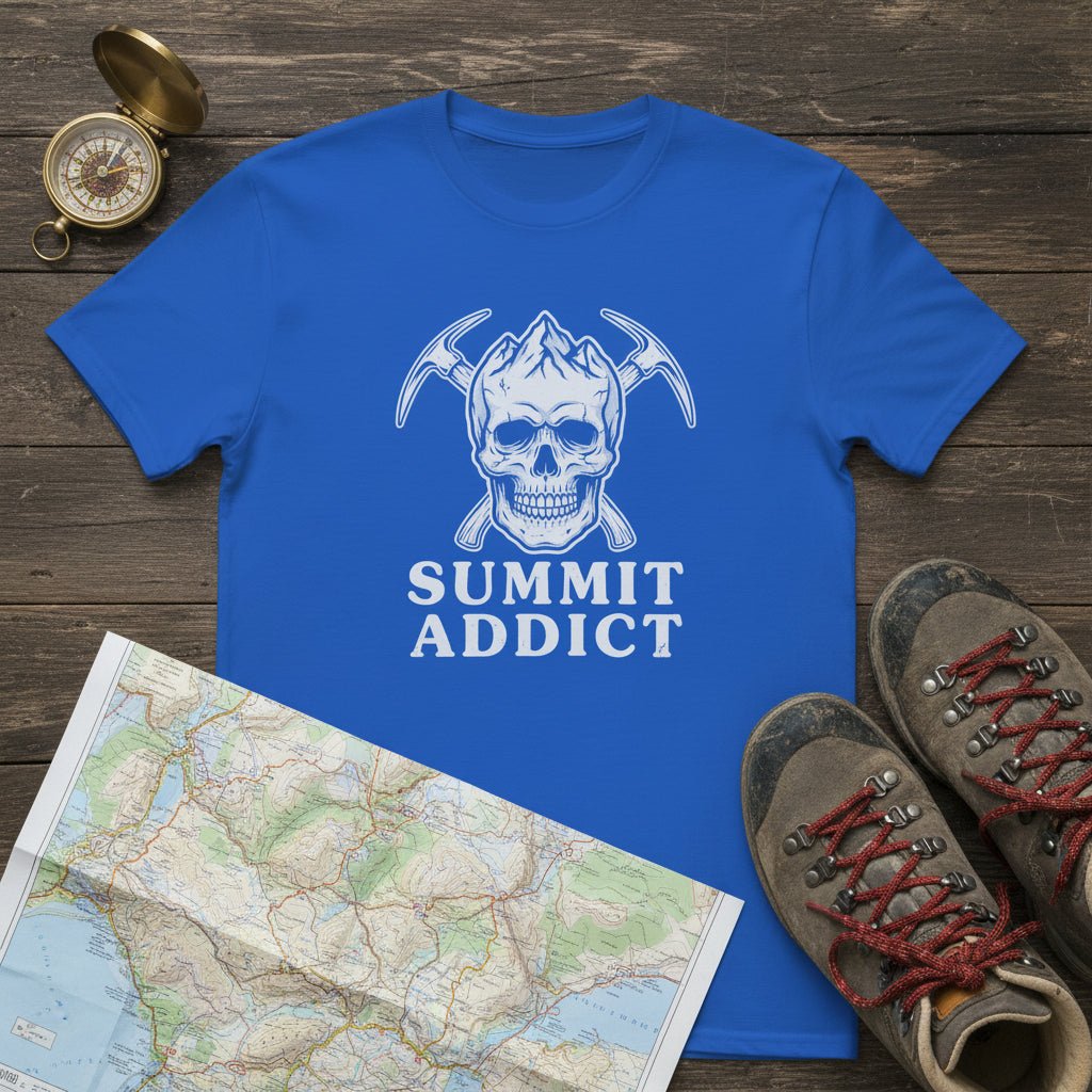Royal blue hiking t-shirt with white skull graphic and “SUMMIT ADDICT” text front