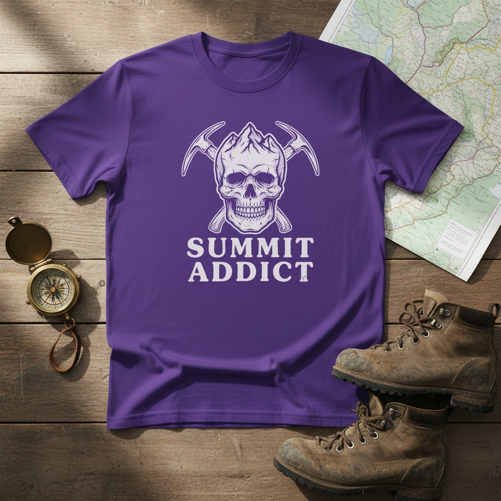 Purple hiking t-shirt with white skull graphic and “SUMMIT ADDICT” text front