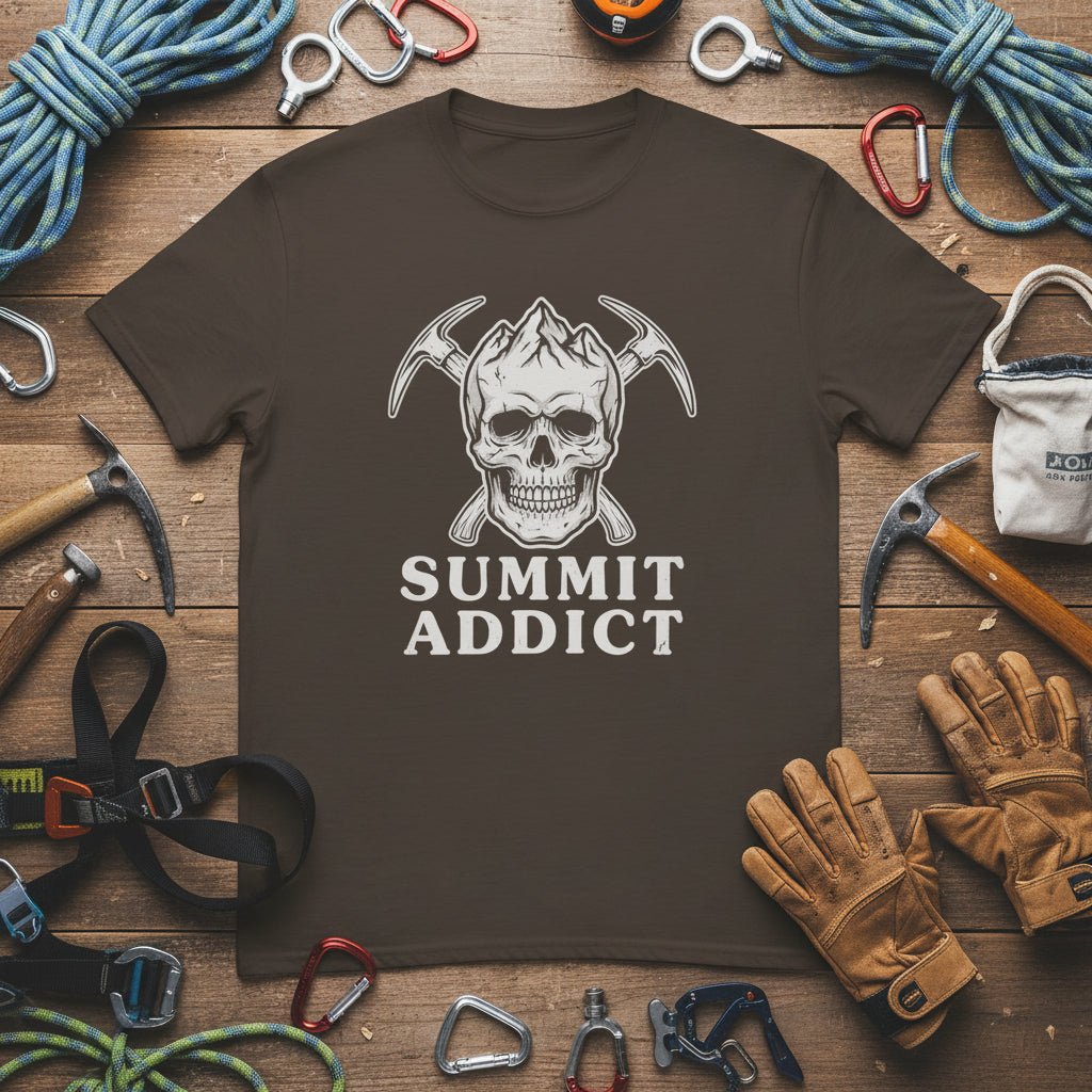 Dark brown hiking t-shirt with white skull graphic and “SUMMIT ADDICT” text front