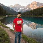 Red hiking t-shirt with printed map graphic and red figure on the front, worn