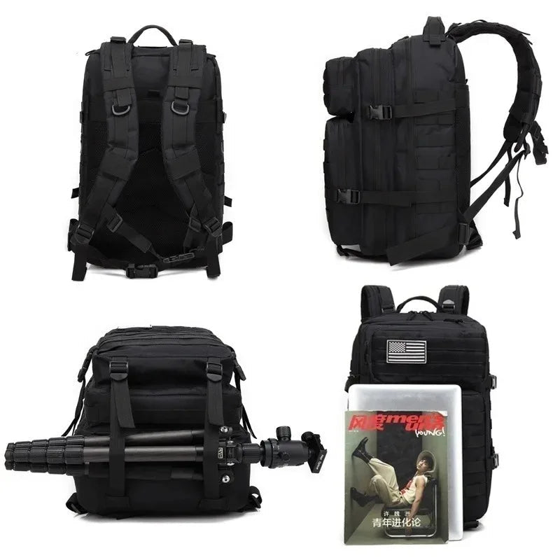 Black tactical backpack with MOLLE straps, padded back, and shoulder harness