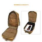 Tactical MOLLE backpack, khaki/tan with open top and interior storage compartments