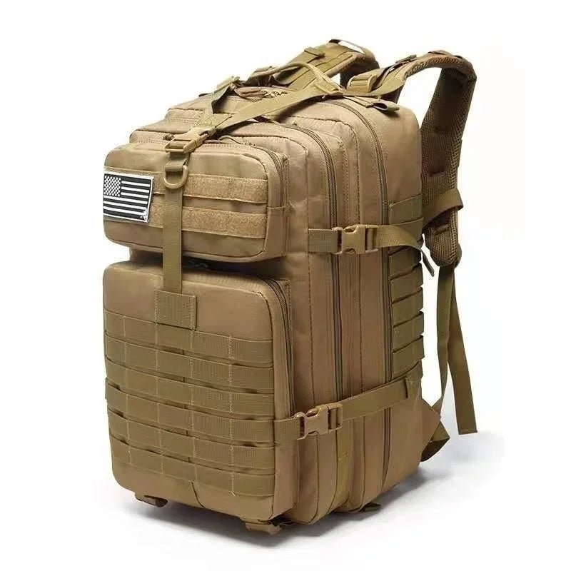 Tan tactical MOLLE backpack with front flap, buckle straps, and side pocket
