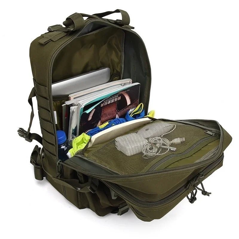 Olive tactical backpack open, showing storage compartments and zip pockets