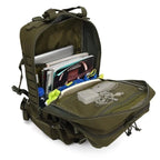 Olive tactical backpack open, showing storage compartments and zip pockets