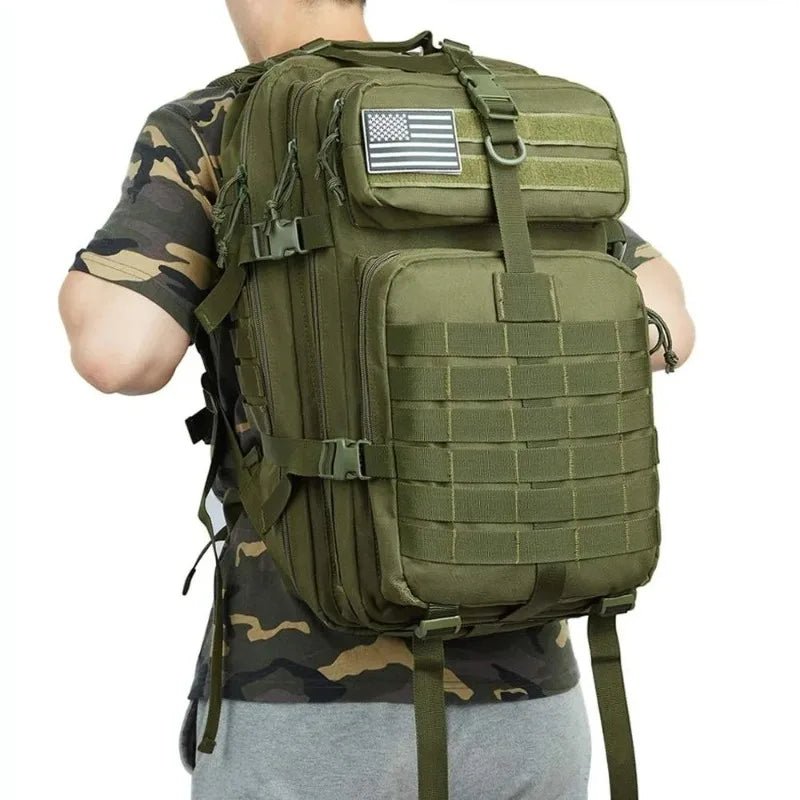 Tactical MOLLE backpack, olive green camouflage with front zip pocket and MOLLE panels