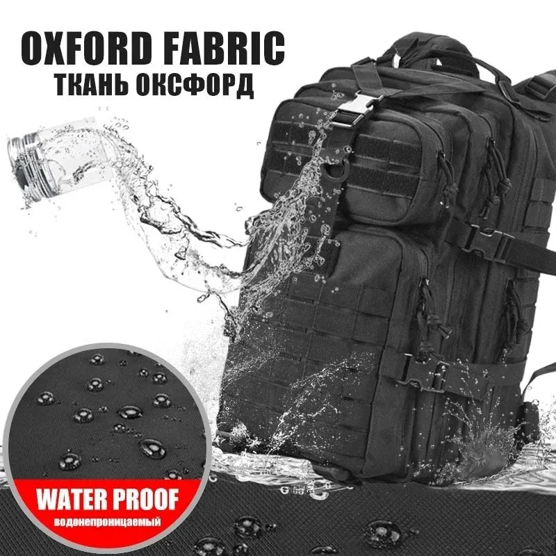 Black tactical MOLLE backpack with textured fabric and reinforced front straps