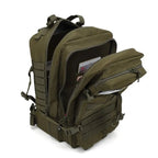 Olive green tactical MOLLE backpack with side compartments and carry handle