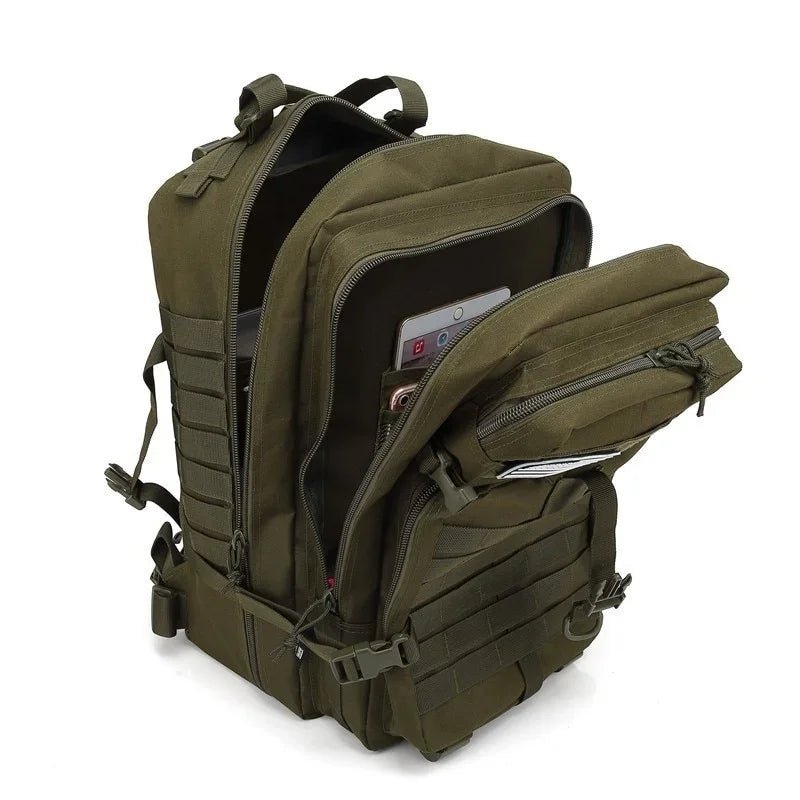 Olive green tactical MOLLE backpack with side compartments and carry handle