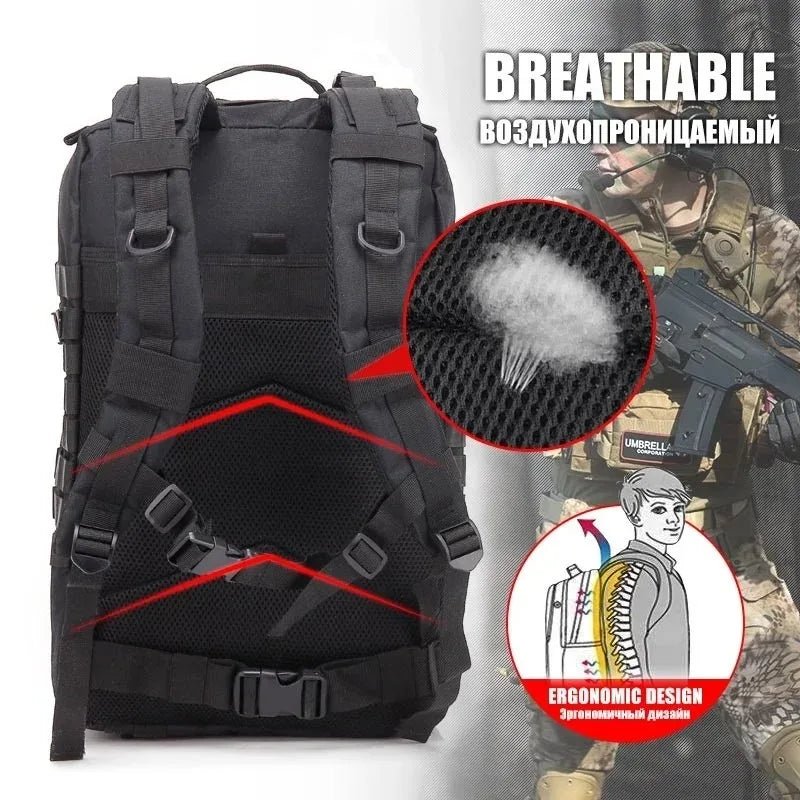 Tactical MOLLE backpack, dark gray/black with front pockets and webbing straps