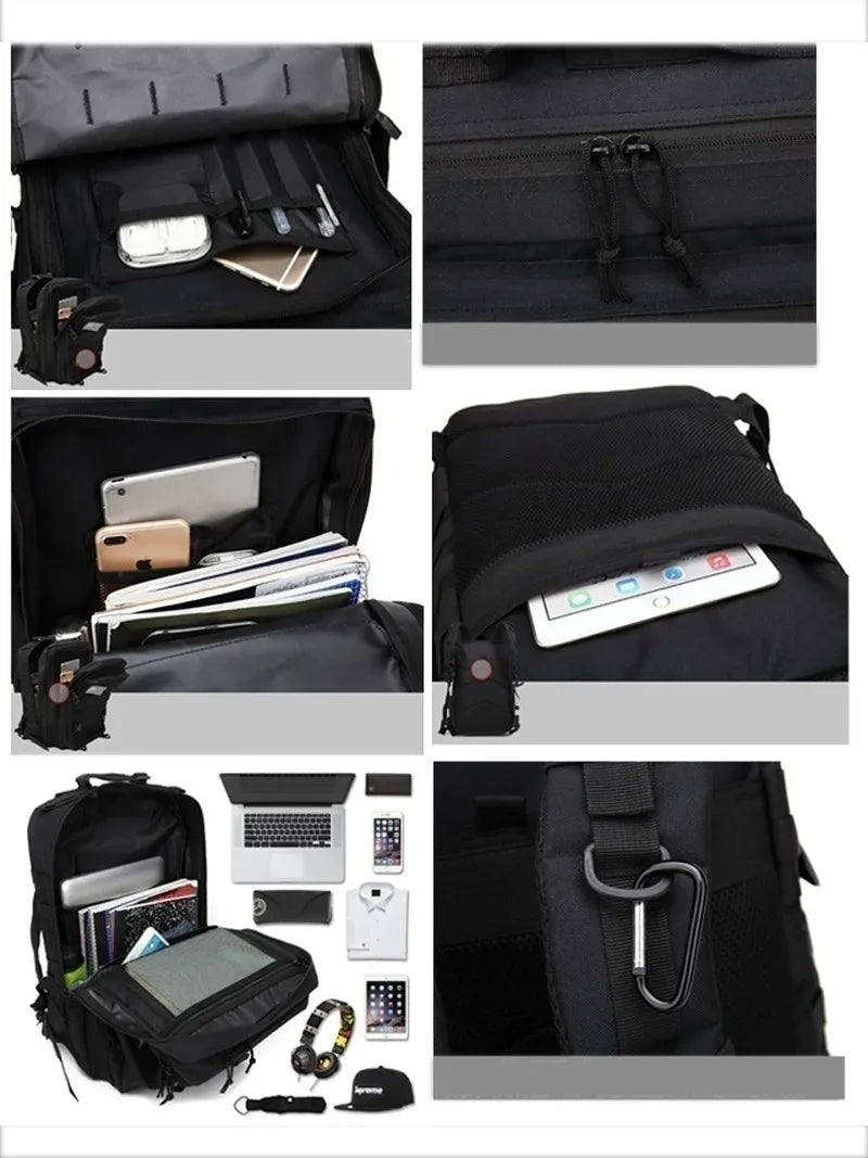 Black tactical backpack with multiple zip pockets and interior organizer sleeve