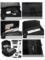 Black tactical backpack with multiple zip pockets and interior organizer sleeve