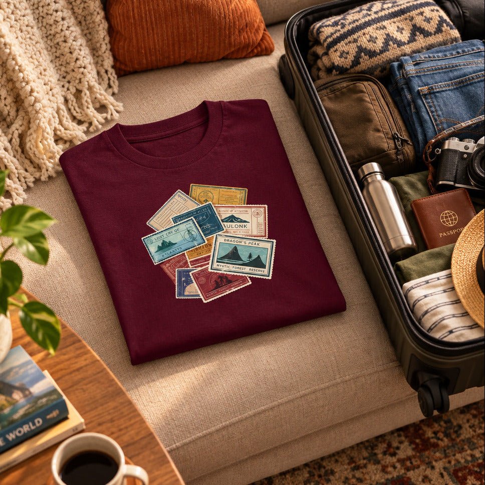 Travel Stamps T-Shirt Wanderlust Adventure Graphic Tee - Still Out There